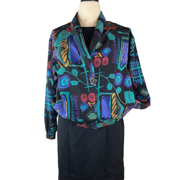 Vintage Emily Adams Blazer Medium Bomber Abstract Print Button Front Maximalism - Picture 1 of 16